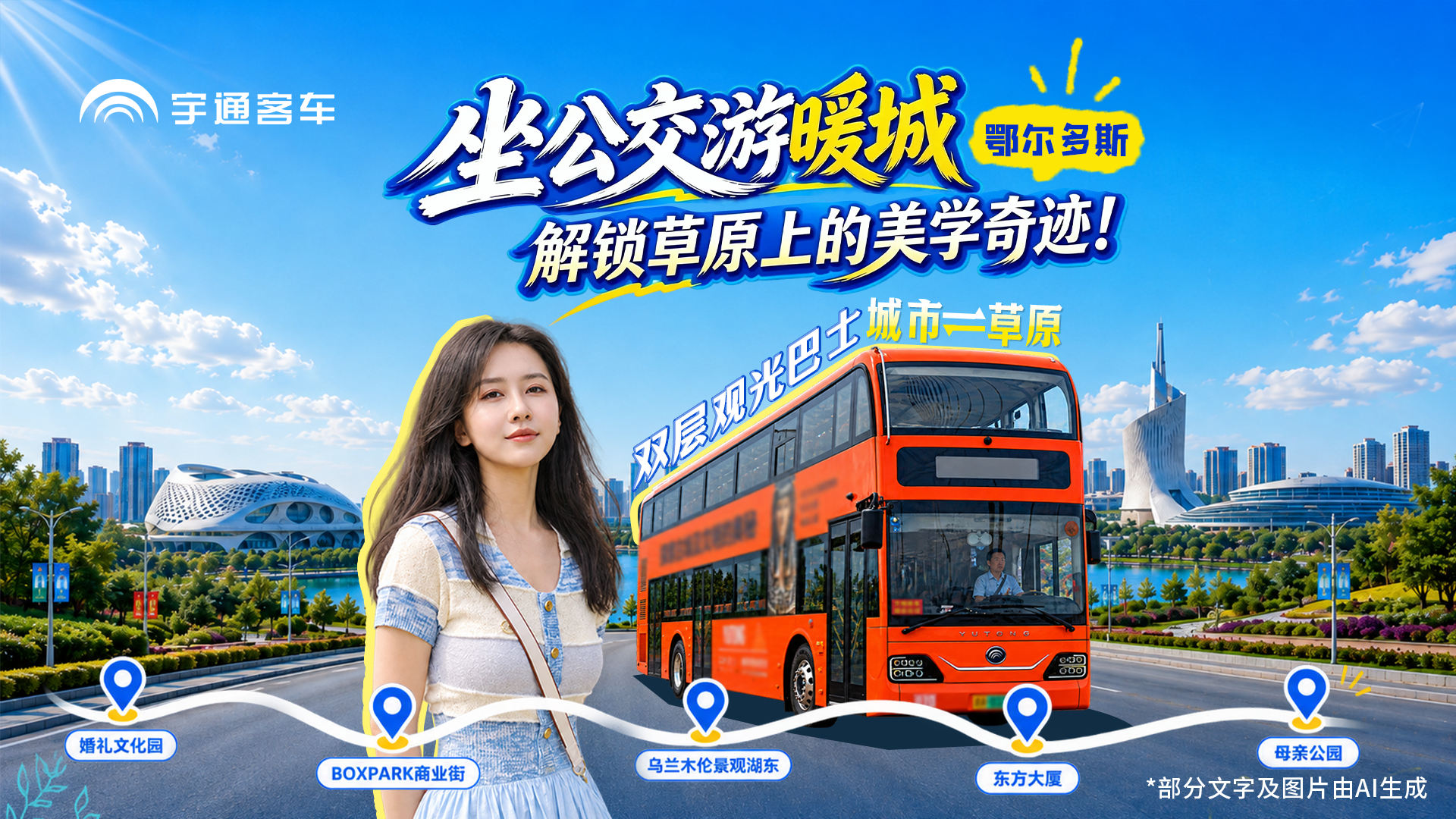 鄂尔多斯旅游旅行新选择！乘双层巴士周游暖城，，，，，邂逅流动的草原美学。。。。。。。车辆即景点、出行即体验，，，，，解锁一场都会与野外交织的视觉之旅。。。。。。。